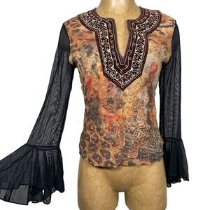 Love Amour Y2K Mesh Bell Sleeve Top Brown Animal Print Embroidered V-Neck Fairy